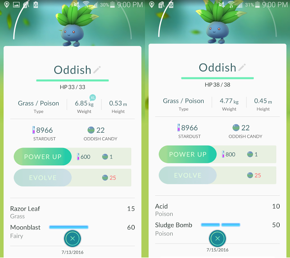 Lower CP Oddish with a better move-set (left) then the higher CP (right)
